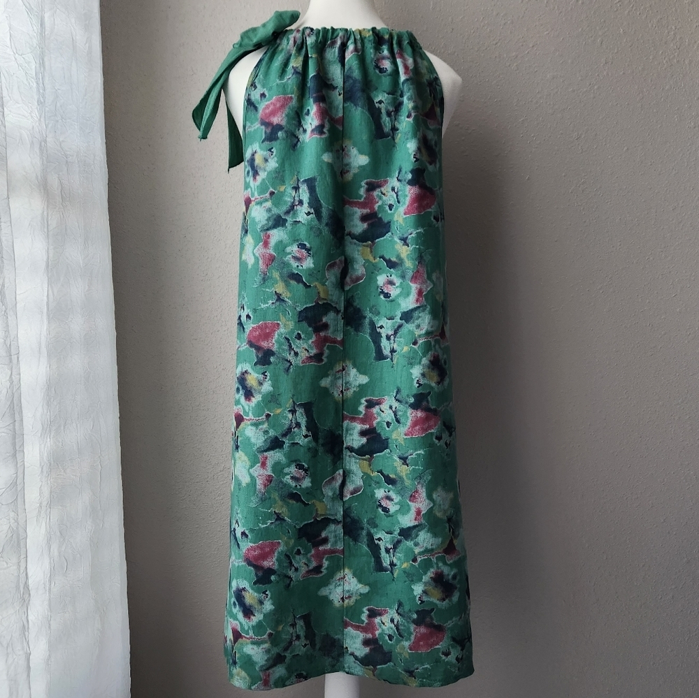 BELLAMBRA MADE IN ITALY 100% Linen Neck Tie Floral Watercolor Printed Dress - Picture 4 of 13